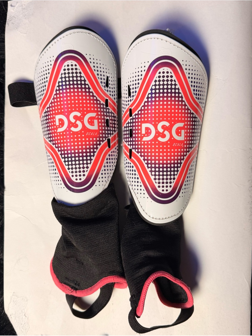DSG Ocala Soccer Shin Guards XL White Red Purple Black Adjustable 2-Strap Set